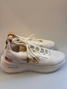 Official Trump POTUS 47 White Gold Sneakers - Unisex M7 W8.5 - Read Notes